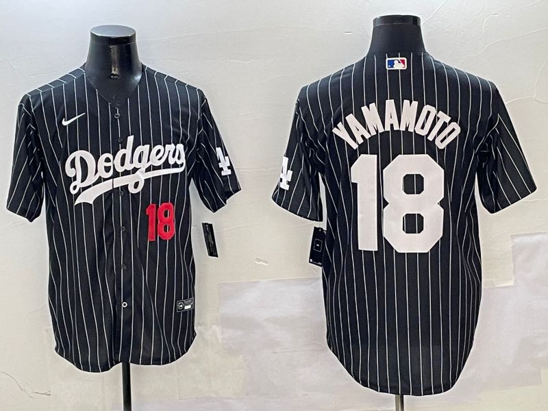 Men Los Angeles Dodgers 18 Yamamoto Black Stripe Jointly Name 2025 Nike MLB Jersey style 3